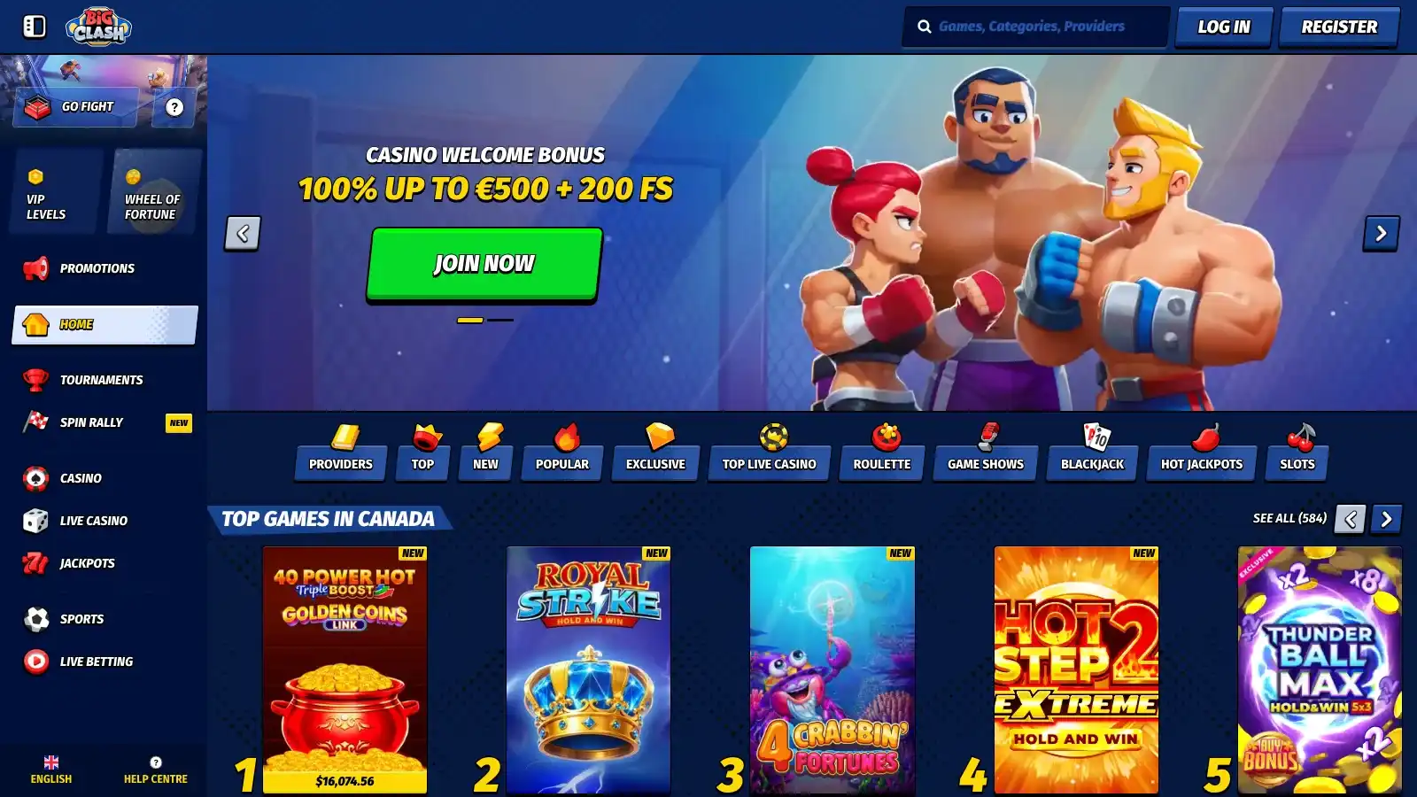 BigClash casino homepage showing the welcome bonus banner and lobby