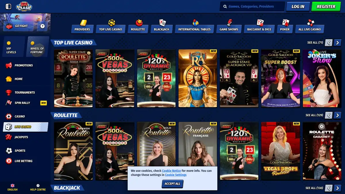 BigClash live dealer casino lobby with roulette, blackjack and game show tables