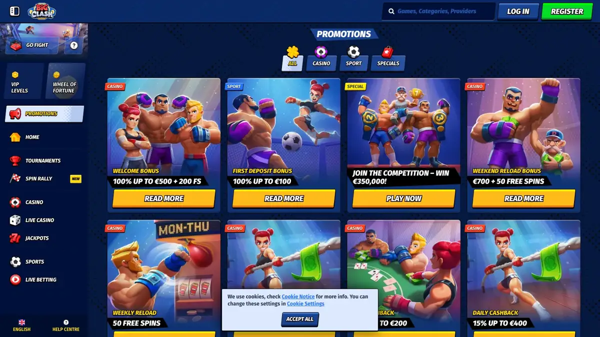 BigClash promotions page listing casino bonuses and cashback offers