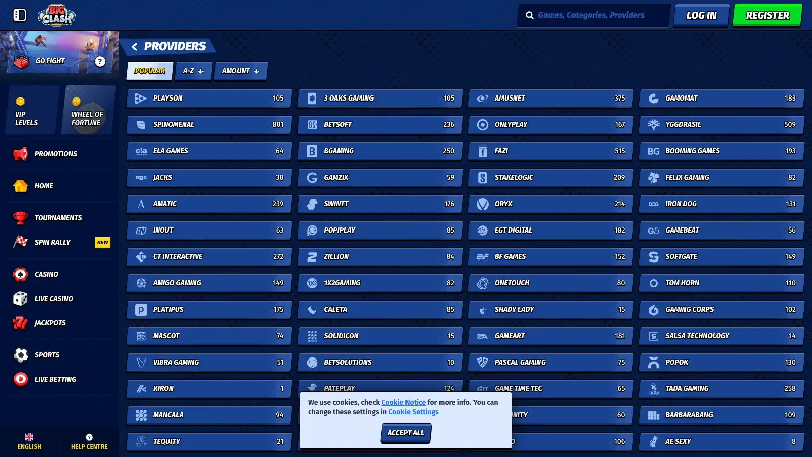 BigClash provider list showing game counts per studio