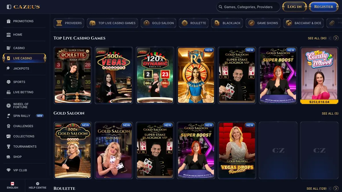 Cazeus live casino lobby with roulette, blackjack and Gold Saloon tables