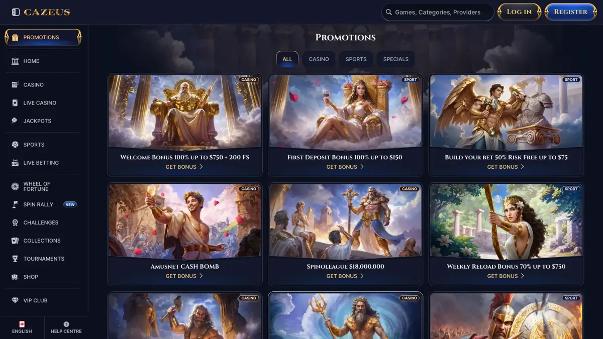 Cazeus promotions page listing casino and sports bonuses