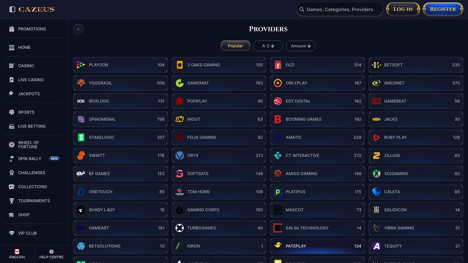 Cazeus provider list showing game counts per studio