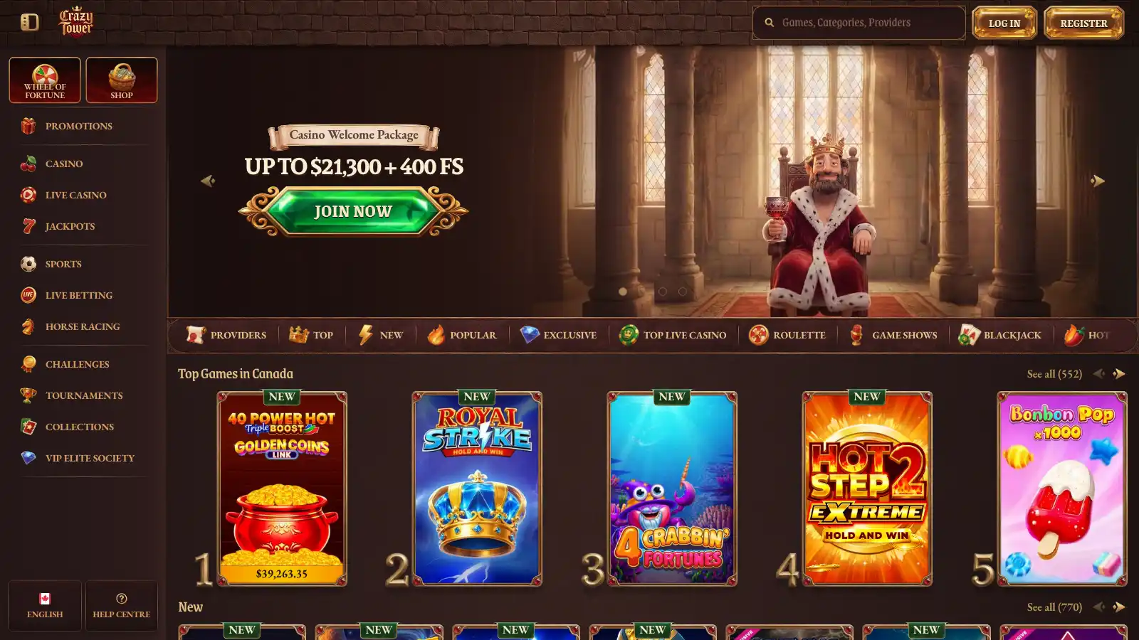 CrazyTower casino homepage showing the welcome bonus banner and lobby