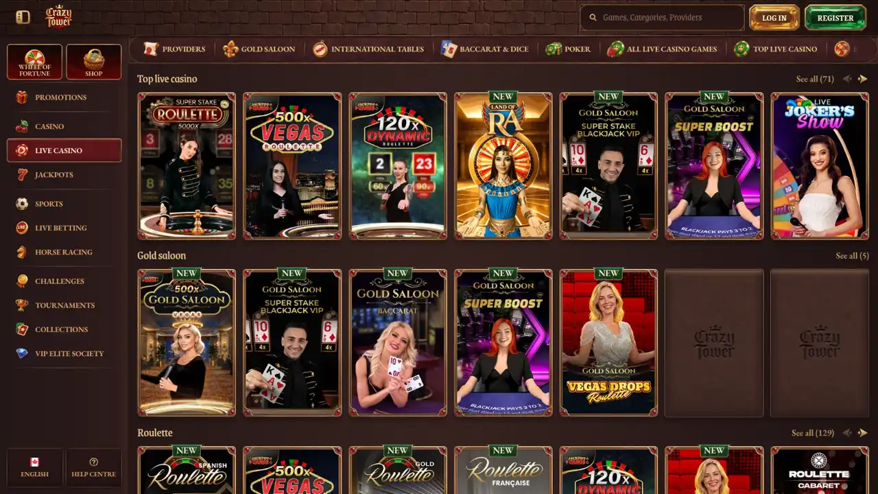 CrazyTower live dealer casino lobby with roulette, blackjack and game show tables