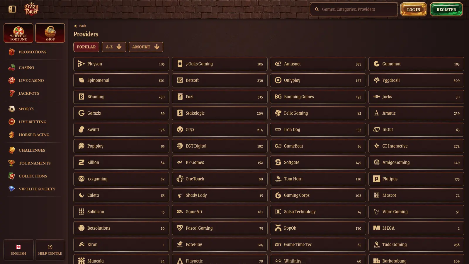 CrazyTower provider list showing game counts per studio