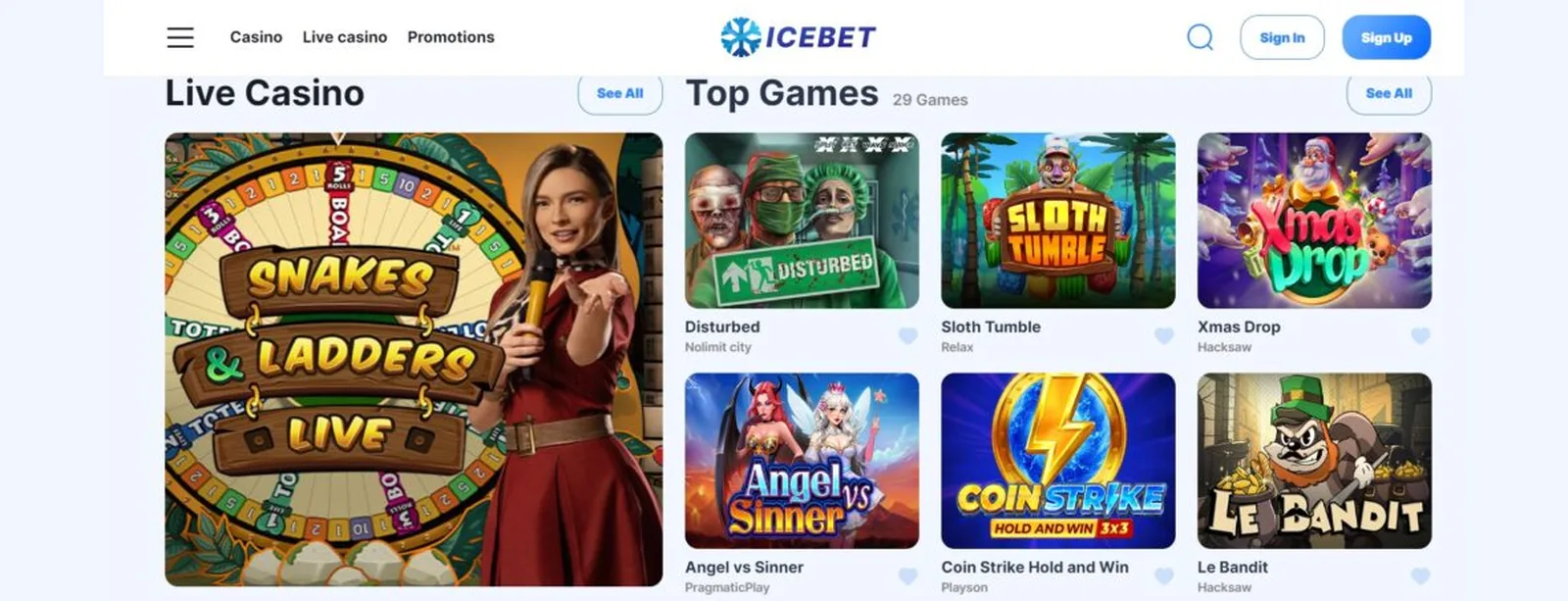 IceBet casino lobby showing live casino and top games