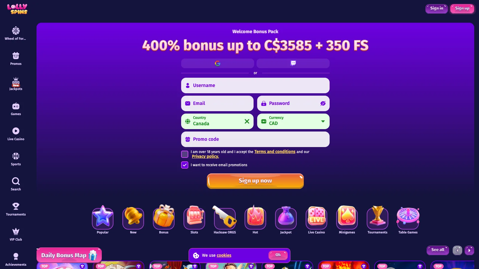 LollySpins casino homepage sign-up screen as it renders for a Canadian visitor