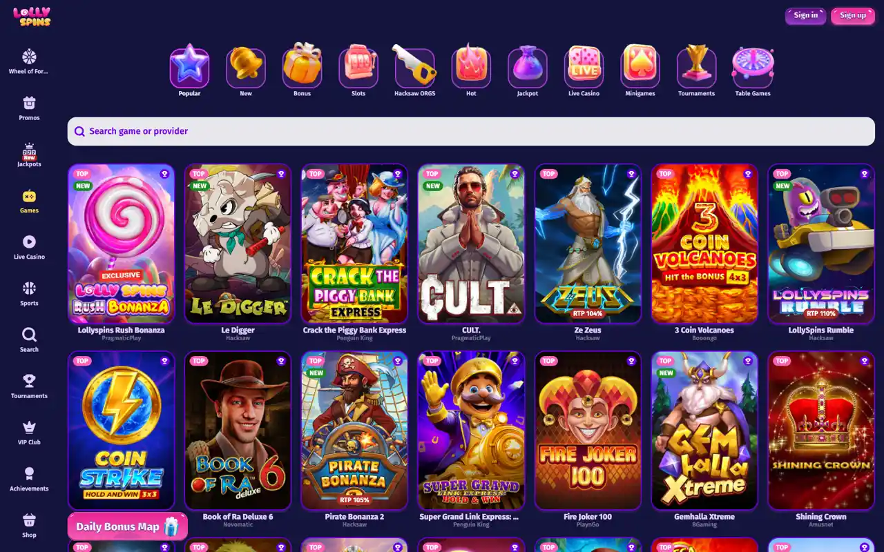 LollySpins popular games grid showing provider names per title