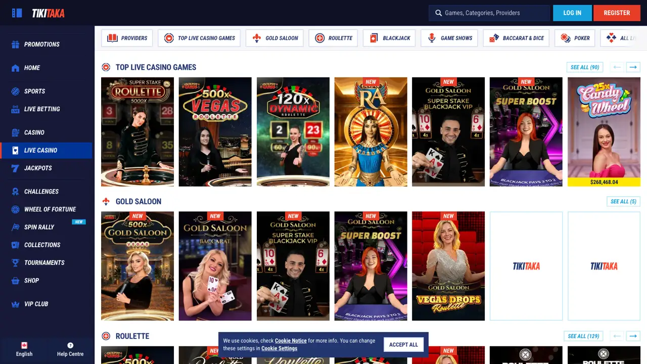 TikiTaka live dealer casino lobby with roulette, blackjack and game show tables
