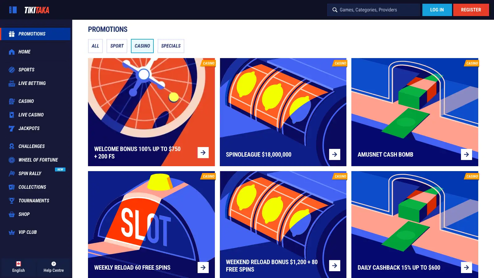 TikiTaka promotions page listing casino bonuses and cashback offers
