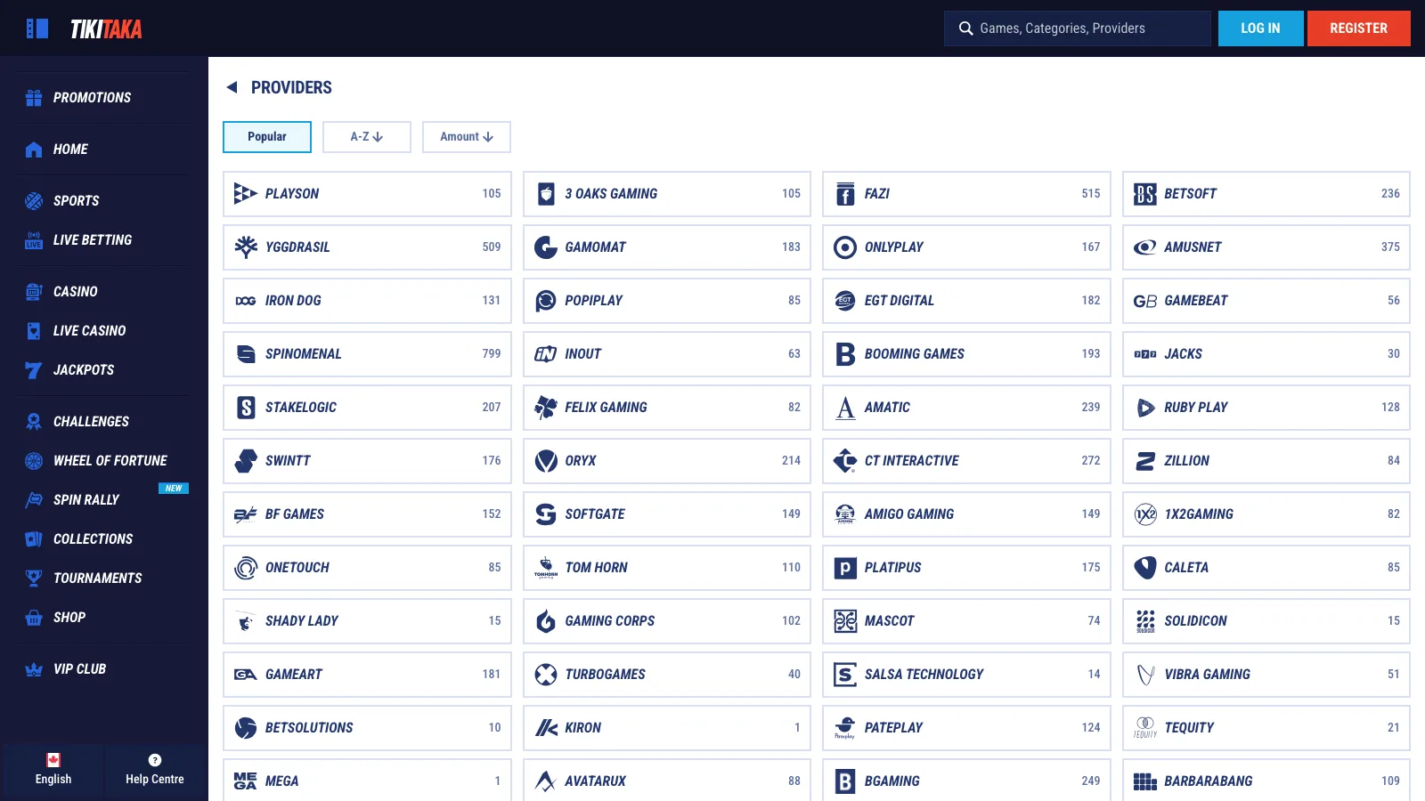 TikiTaka provider list showing game counts per studio