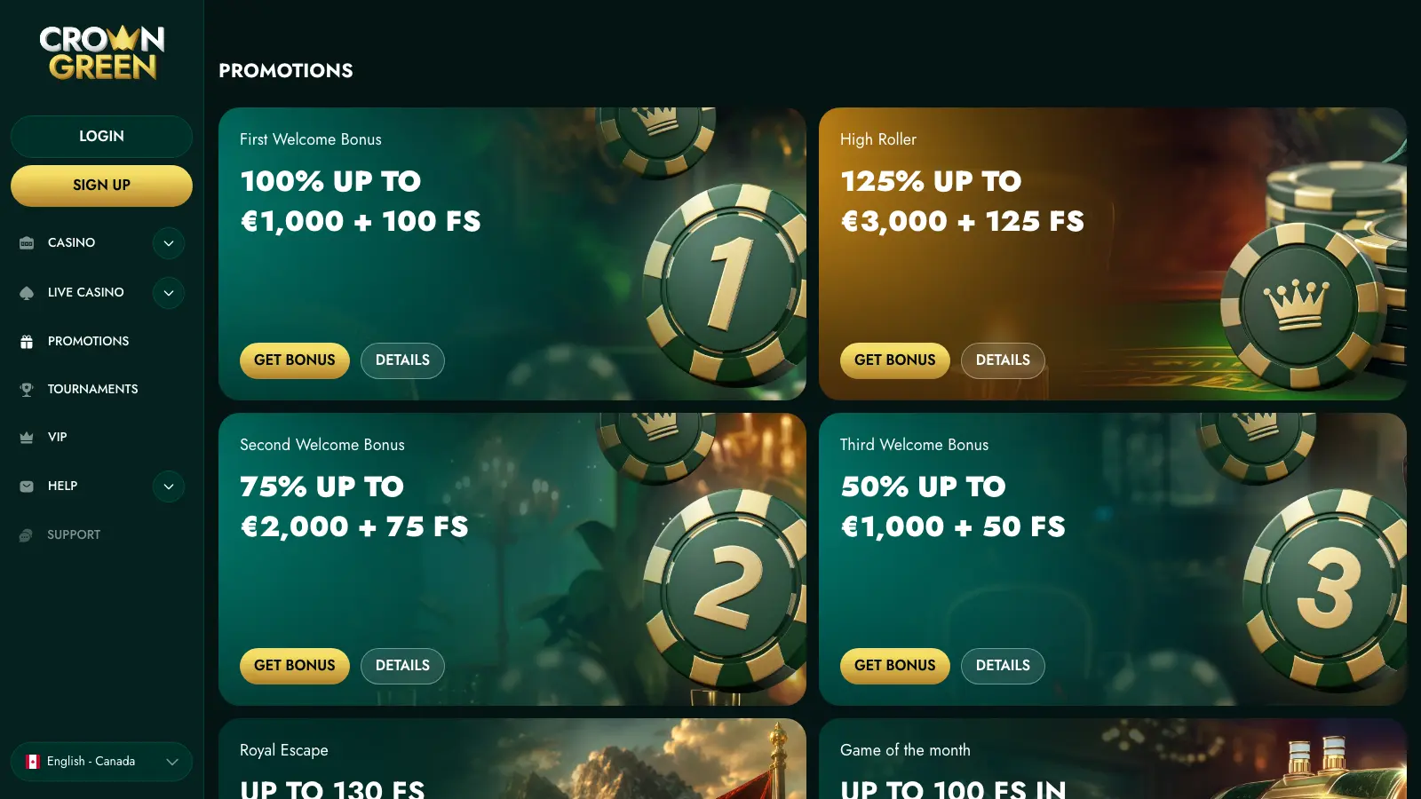 CrownGreen promotions page showing First, High Roller, Second and Third Welcome Bonus tiles