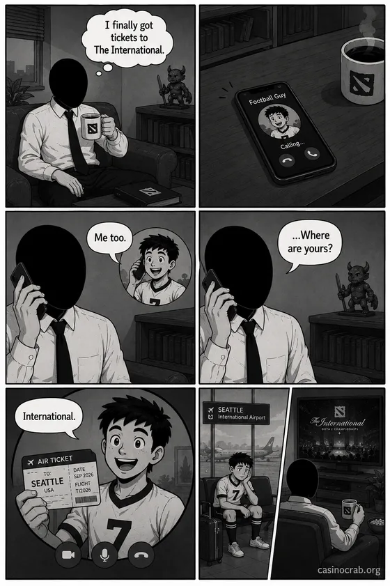 Comic strip: a Dota fan says he has tickets to The International and his friend books a flight to Seattle