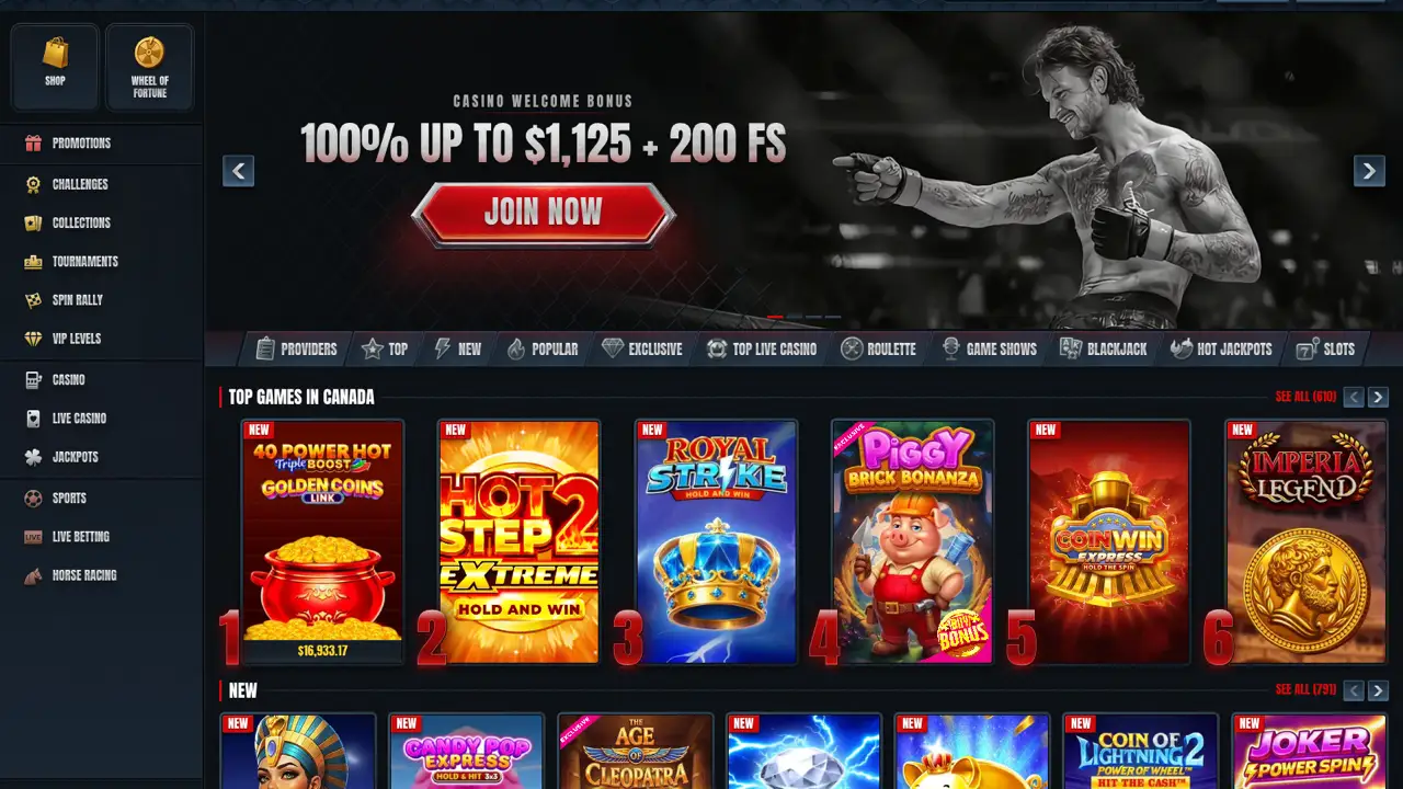 Glorion casino homepage showing the 100% up to $1,125 plus 200 free spins welcome banner