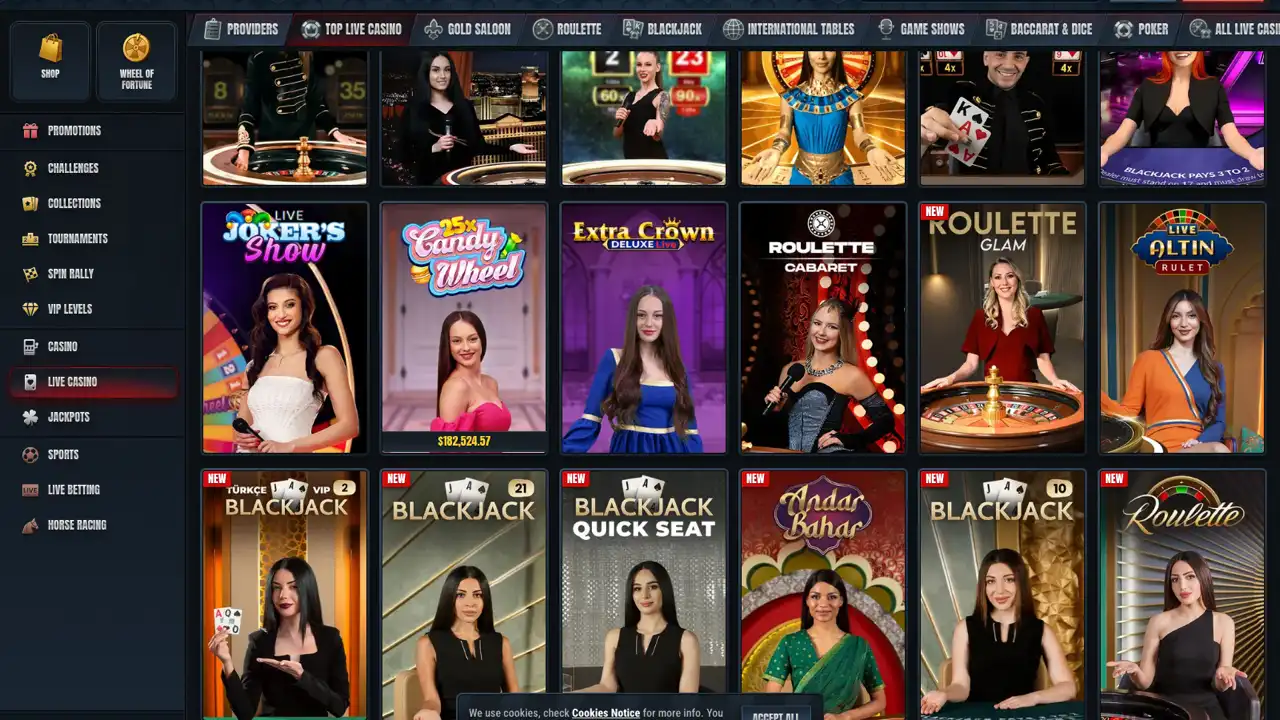 Glorion live casino lobby with roulette, blackjack and game show tables