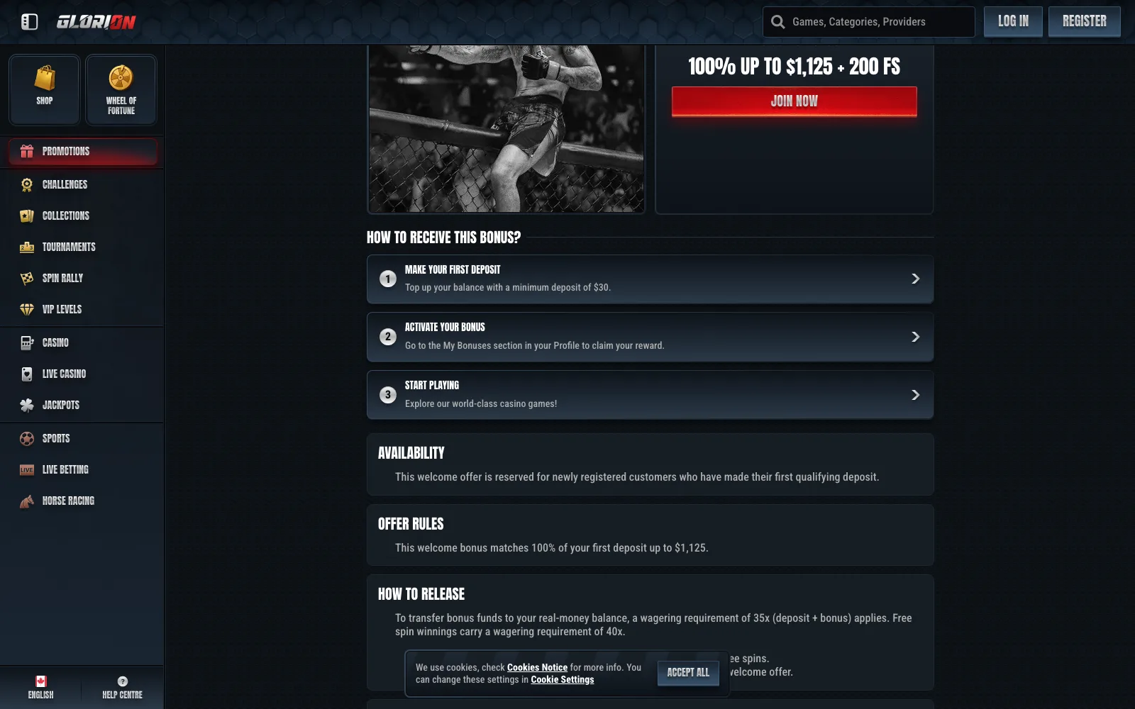 Glorion welcome bonus terms page showing the deposit steps and release rules