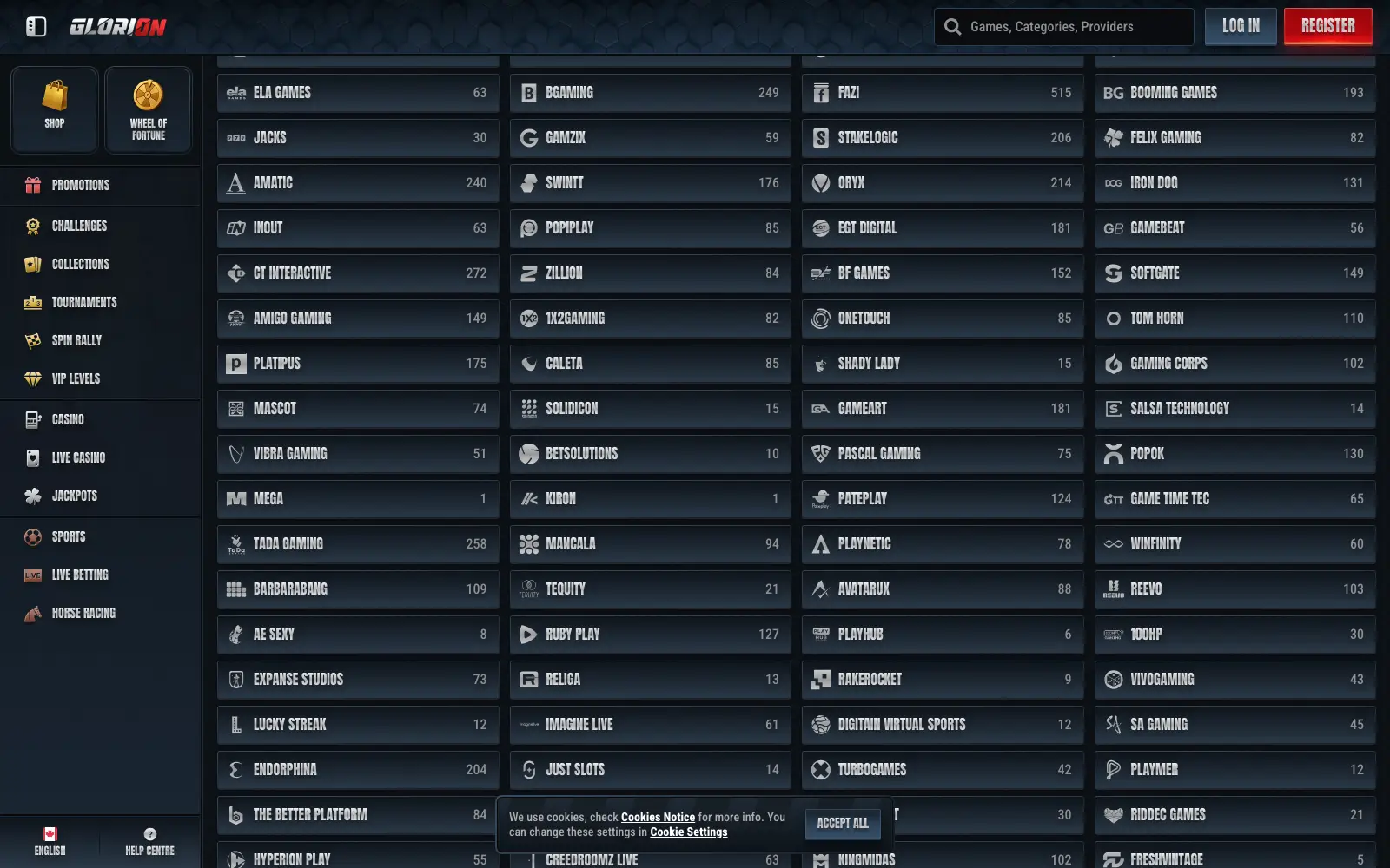 Glorion provider filter panel listing over 100 game studios