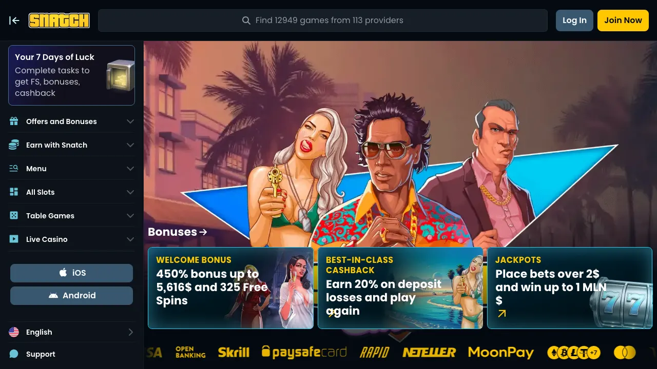 Snatch casino homepage showing the 450% welcome bonus and jackpot banners
