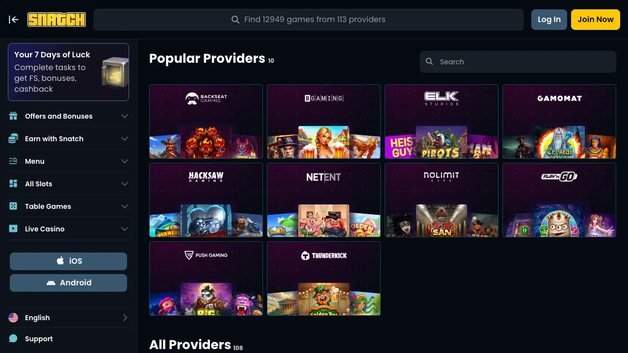 Snatch provider filter panel listing NetEnt, Play'n GO, Hacksaw Gaming and other studios