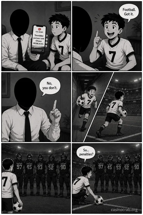 Comic strip: a boy hears that a betting brand signed the Ottawa REDBLACKS, brings a soccer ball to the field and asks the linemen about penalties