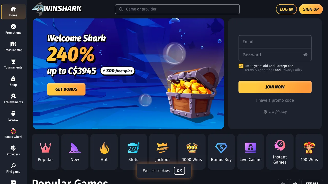 Winshark casino homepage showing the 240% up to $3,945 plus 300 free spins welcome banner