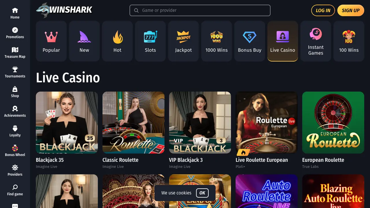 Winshark live casino lobby with blackjack and roulette tables from Imagine Live and other studios