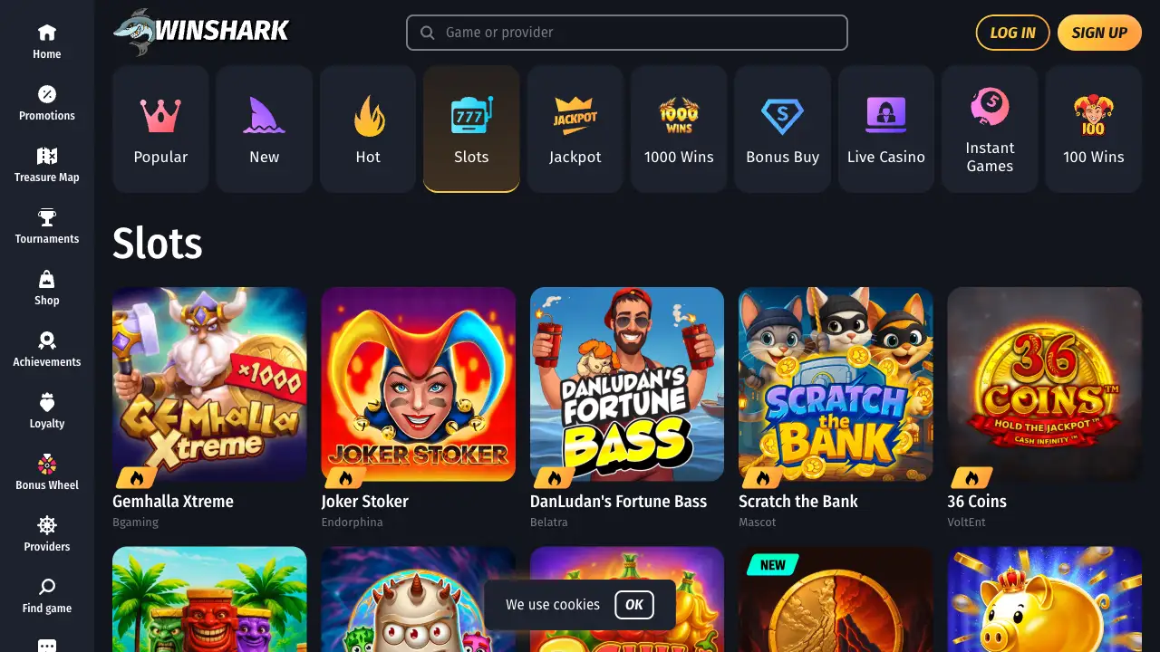 Winshark slots list showing titles from Bgaming, Endorphina, Belatra, Mascot and VoltEnt