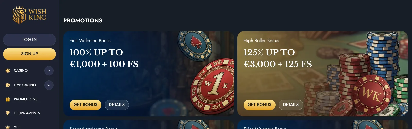 WishKing promotions page listing the itemized welcome bonus tiles
