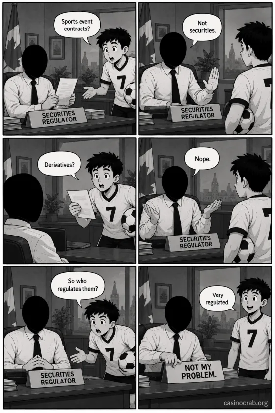 Comic strip: a boy with a soccer ball asks a securities regulator about sports event contracts and is told they are not securities and not derivatives, then the nameplate is turned to read NOT MY PROBLEM
